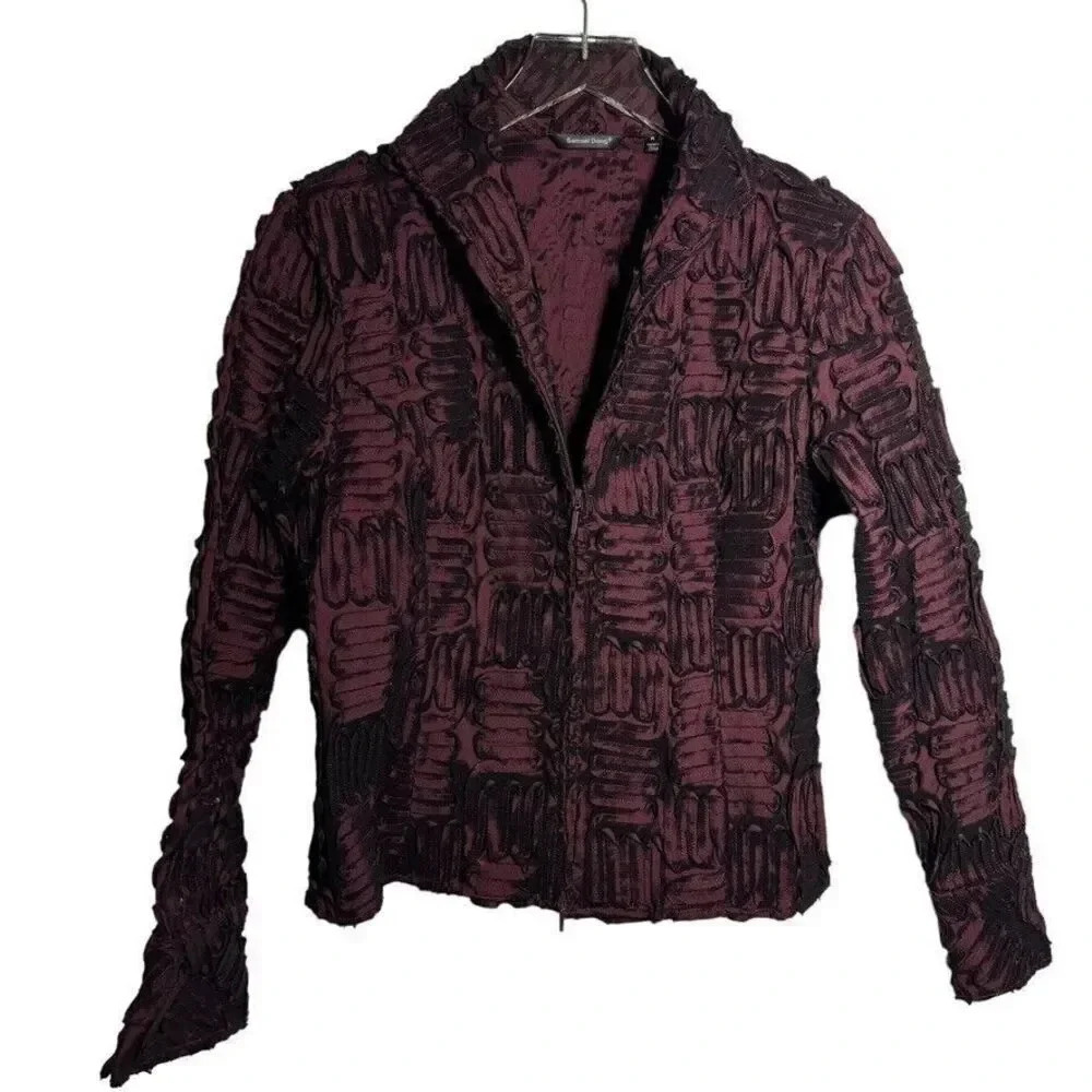SAMUEL DONG Maroon Burgundy Swirl Rosette Zip Front Jacket Size Medium